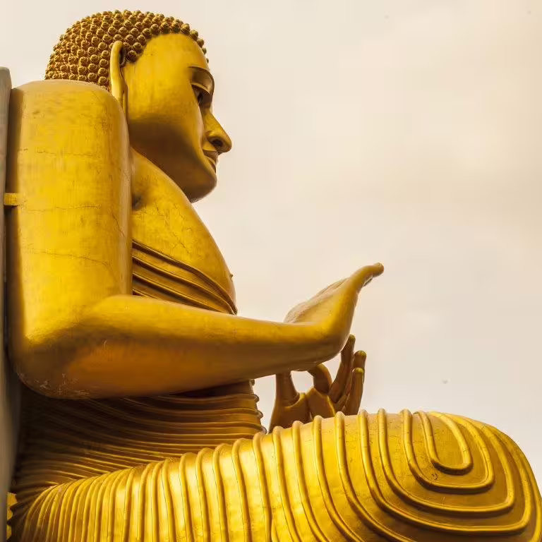 Close-up of a golden Buddha statue with intricate details, symbolizing peace and spirituality in Sri Lanka.