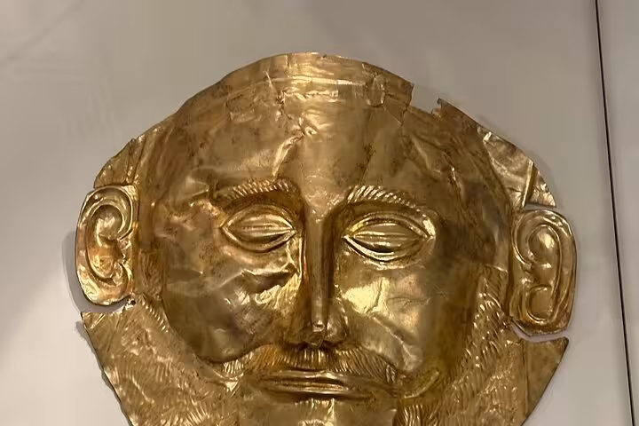 Golden Mask of Agamemnon at Mycenae museum highlight on a private luxury Mycenae Epidaurus Nafplio tour