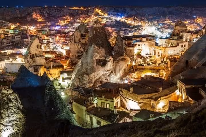 Night view of Goreme, Cappadocia rock formations and cave hotels on 5-day Ephesus Pamukkale tour