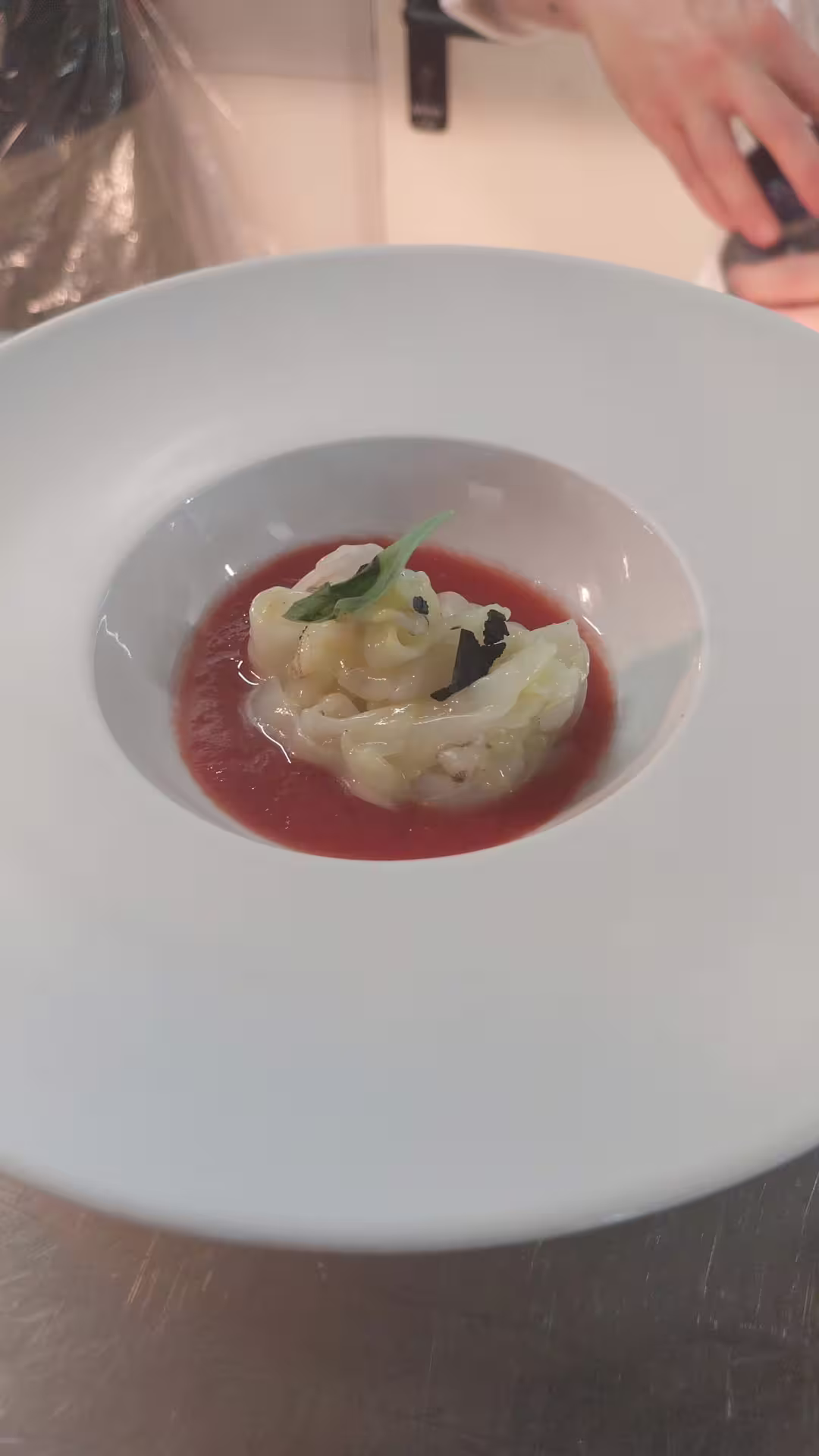 Gourmet seafood appetizer on tomato sauce, plated in chef Angelo Lanaro’s home restaurant dining experience