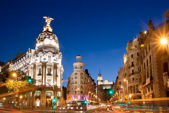 Experience the vibrant nightlife and iconic architecture of Gran Via in Madrid on a 2-day tour.