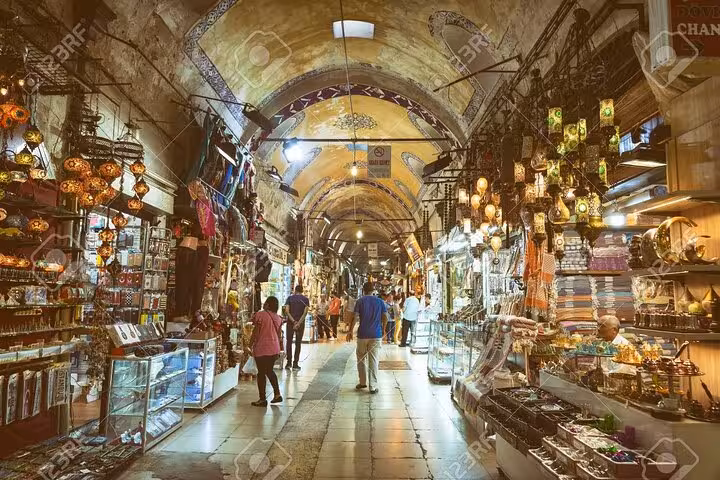Grand Bazaar interior in Istanbul with lantern-lit stalls and shoppers, ideal for a 3 nights 4 days city break