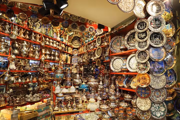 Colorful Grand Bazaar souvenir shop on Istanbul Old City morning tour, Turkish lamps, ceramics and brassware