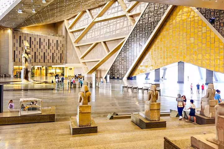 Wide view of Grand Egyptian Museum interior in Cairo, included on Hurghada day trip to Pyramids, Museum and Sphinx