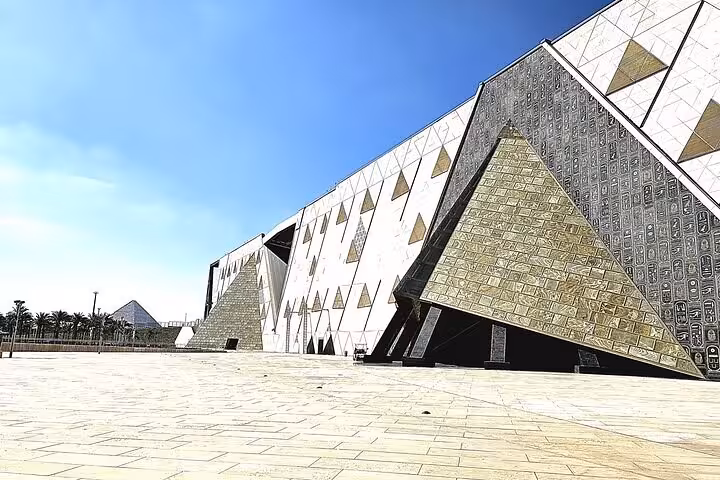Grand Egyptian Museum exterior near Giza Pyramids, modern facade and plaza on full-day Cairo tour