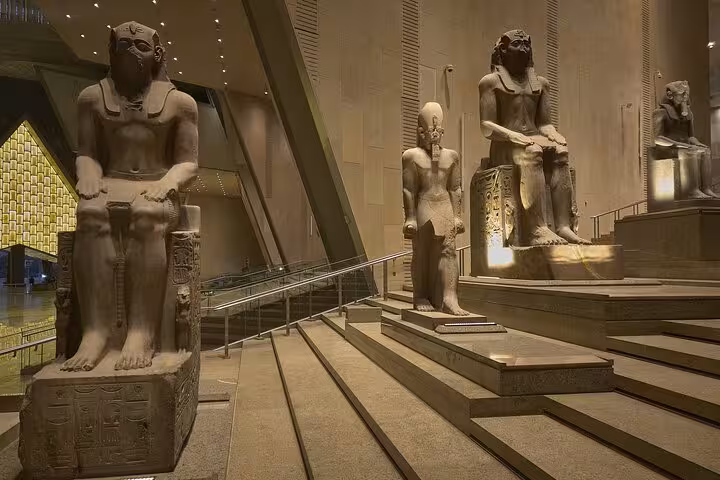 Grand Egyptian Museum statues near Giza, a VIP highlights tour stop with expert guide and transfers