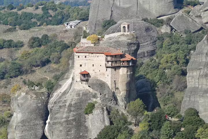 Great Meteoron Monastery perched on Meteora rock pillars, highlight of a private full-day tour from Athens