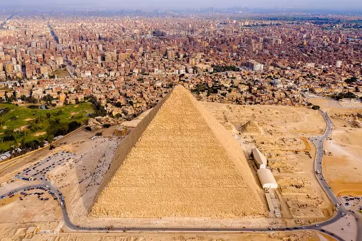 Aerial view of the Great Pyramid of Giza near Cairo, highlight of Hurghada to Cairo pyramids tour