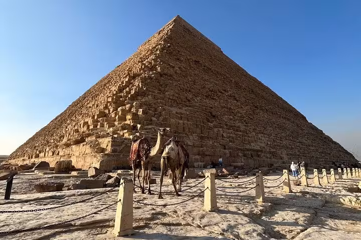 Great Pyramid of Giza with camels at sunrise, ideal Cairo Airport layover tour to pyramids and GEM