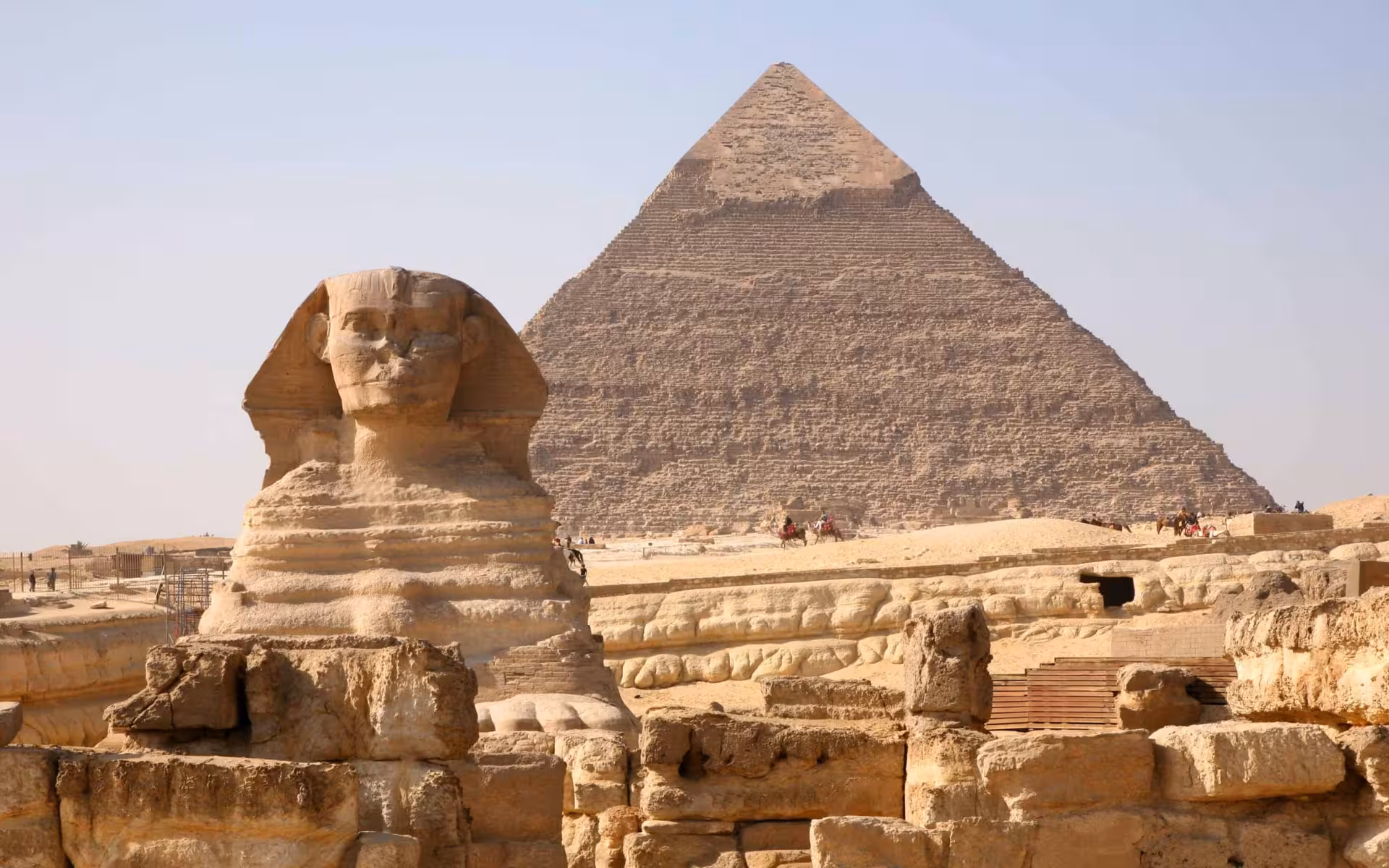 Great Sphinx and Pyramid of Khafre at Giza Plateau, Cairo, on Egypt landmarks tour through time