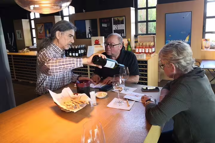 Local host pours Greek wine for travelers, a foodie stop on a private 2-hour Athens sightseeing tour