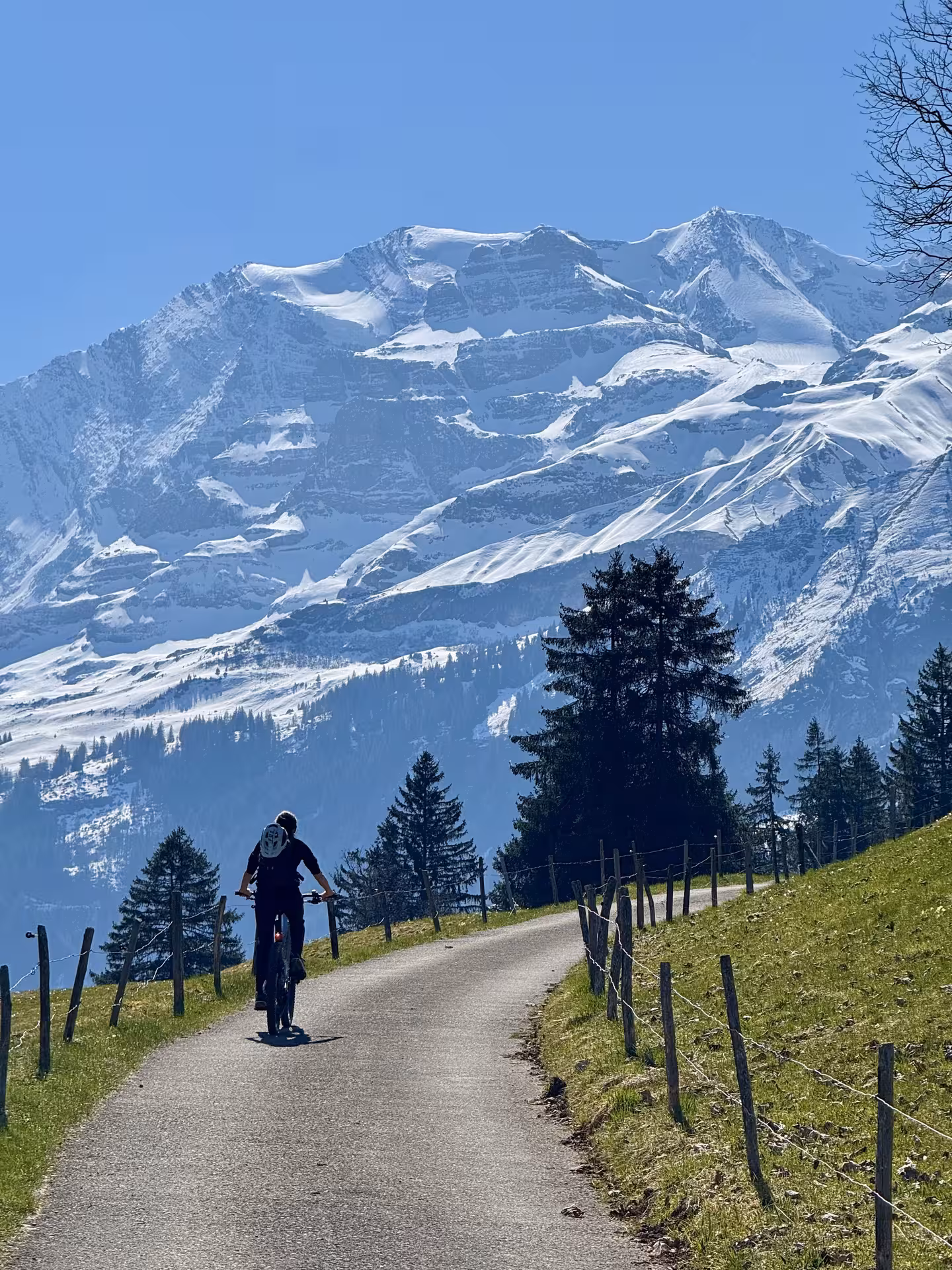 E-bike rider climbing a paved alpine road with snowy peaks near Griesalp UNESCO valley, Switzerland