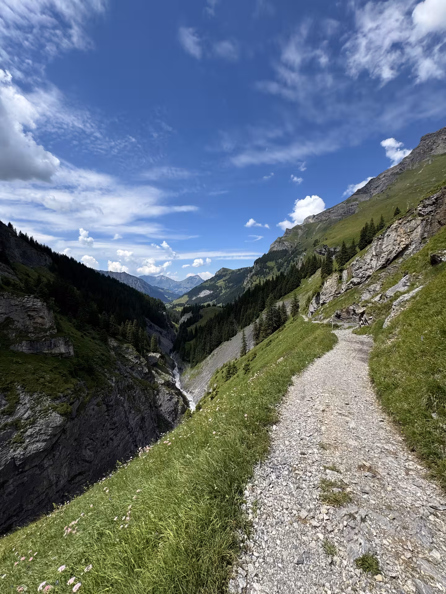 Gravel mountain trail above a gorge on the Griesalp UNESCO alpine valley E-bike tour in Switzerland