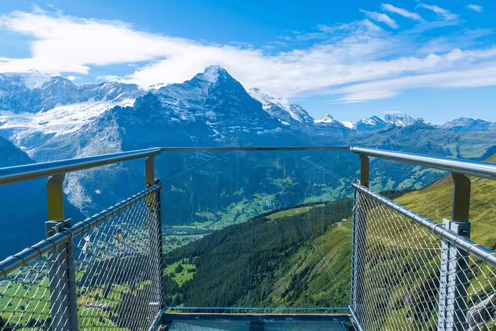 Breathtaking view from Grindelwald First Cliff Walk showcasing stunning Swiss Alps and lush valleys below.