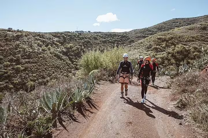 Group of hikers in safety gear exploring scenic rainforest trails, ideal for canyoning and nature enthusiasts.