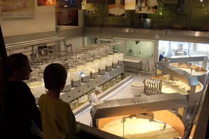 Visitors observing Gruyères cheese production through a glass window during a magical tasting tour.