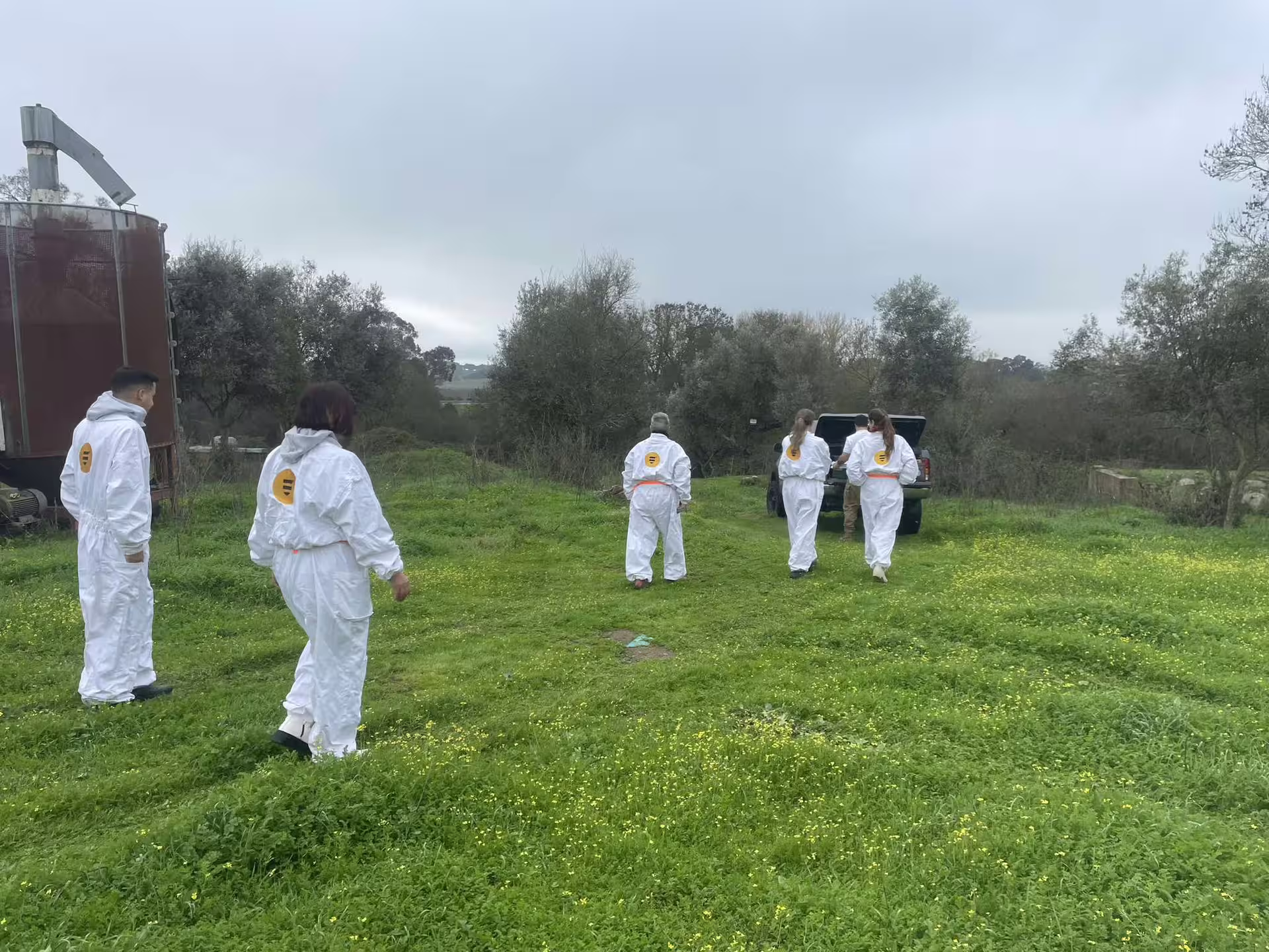 Tour group in protective suits walks through a lush field towards beekeeping area near Évora.