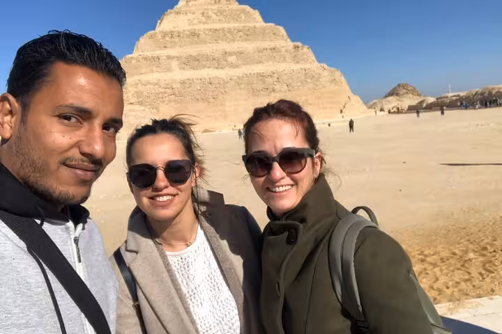 Guided group selfie at Saqqara Step Pyramid in Egypt, all-inclusive Giza Pyramids Memphis day tour