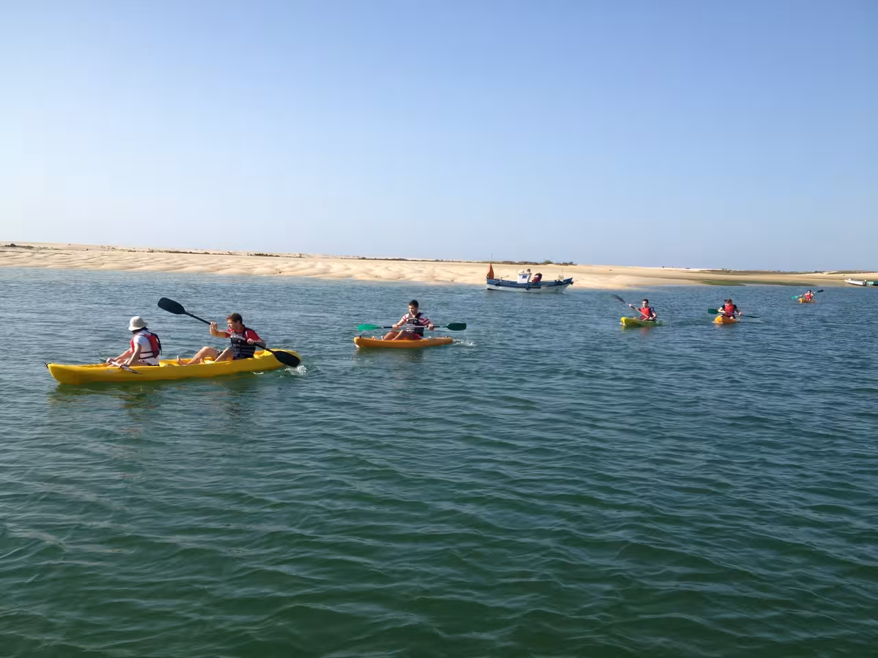 Guided kayak tour in Fuzeta on the Ria Formosa lagoon, paddling past sandbanks and calm waters