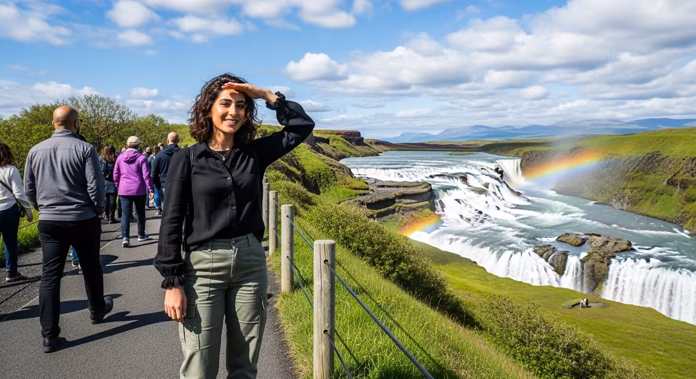 The magnificent Gullfoss waterfall in Iceland, showing a massive volume of water thundering down two tiers of a canyon.