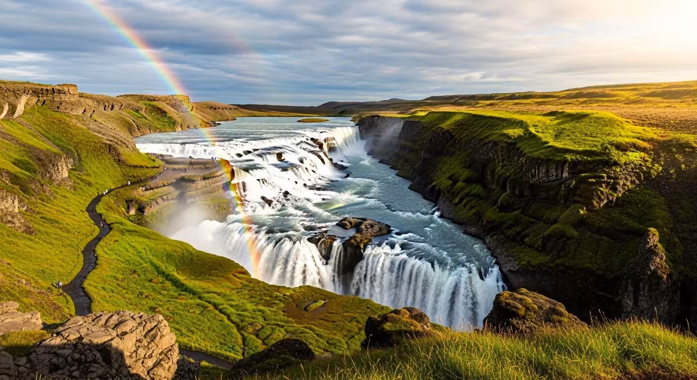 A wide, multi-tiered waterfall cascading down a rugged canyon, with rainbow arcing over the misty spray, the iconic beauty of Gullfoss.