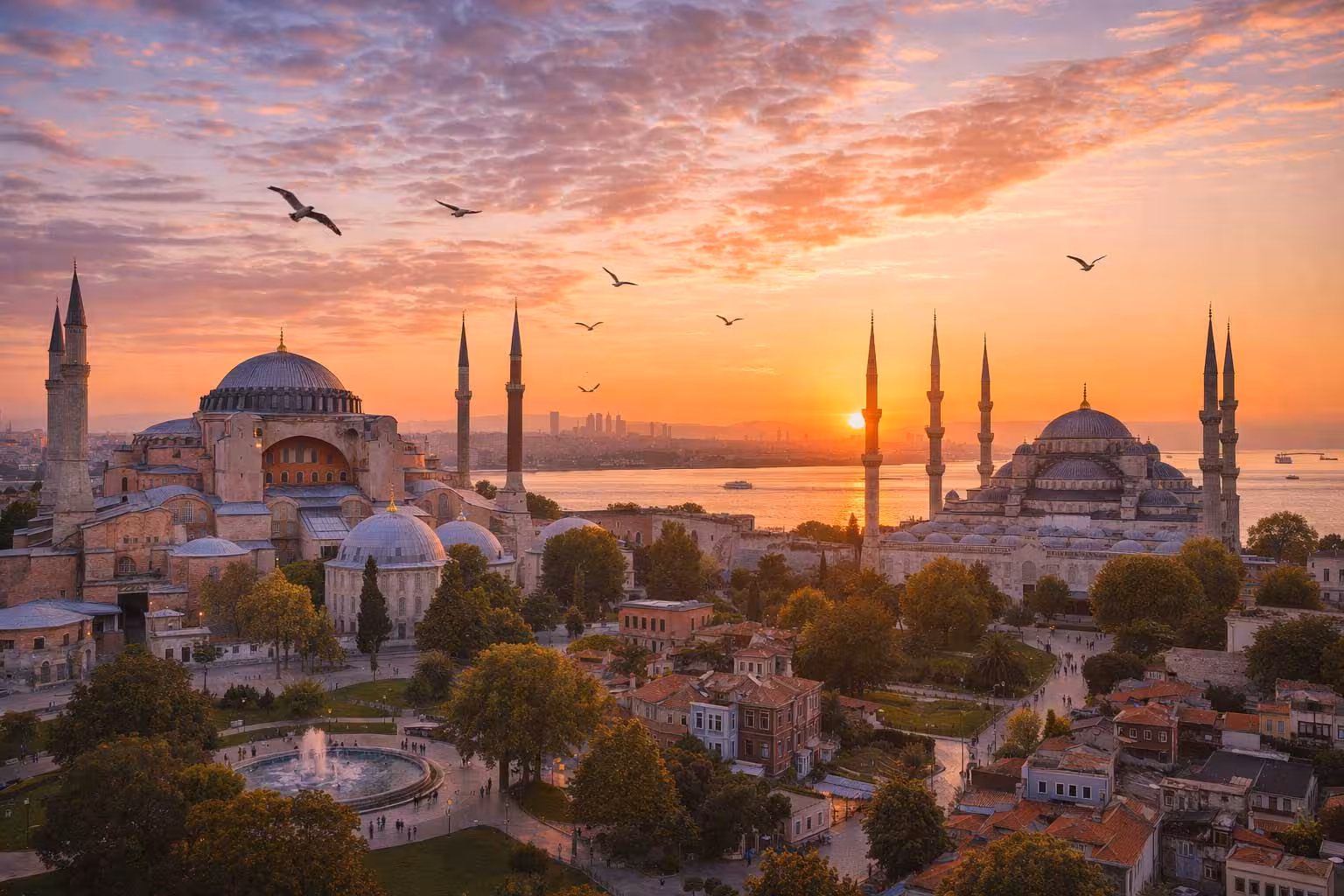 Sunset view of Hagia Sophia and Blue Mosque in Istanbul, iconic stop on the 8-day Turkey highlights tour