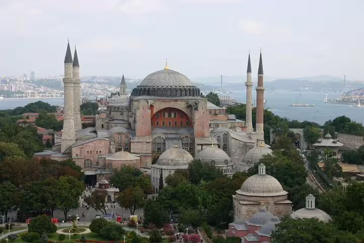 Hagia Sophia and minarets overlooking the Bosphorus, Istanbul highlight on 8-day Turkey tour by flights