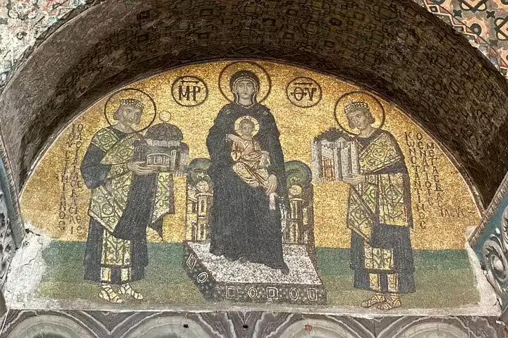 Byzantine mosaic of Virgin Mary and emperors at Hagia Sophia, Istanbul on mini group 8-day Turkey tour