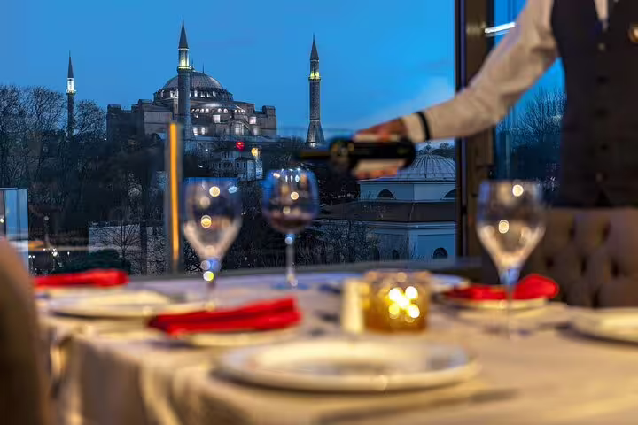 Dinner table with Hagia Sophia view in Istanbul, included on 7-day guided Western Turkey mini group tour