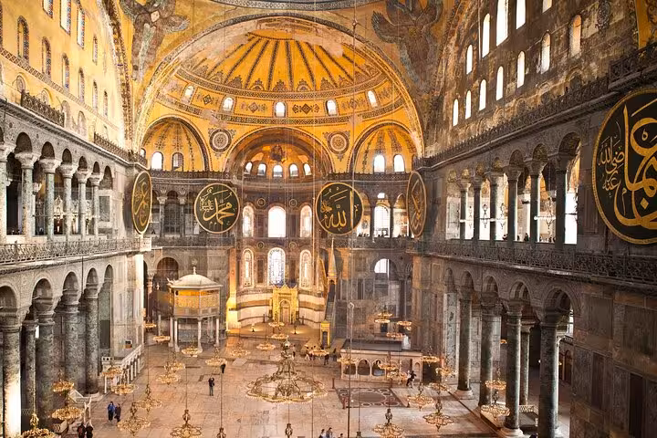 Hagia Sophia interior with mosaics and calligraphy on Istanbul private car tour, skip-the-line guided visit