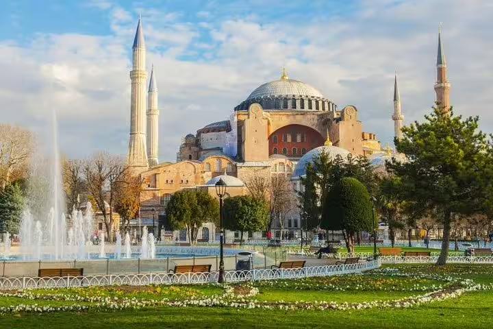 Hagia Sophia and fountains in Sultanahmet Square, Istanbul on 8-day small group Turkey flight tour itinerary