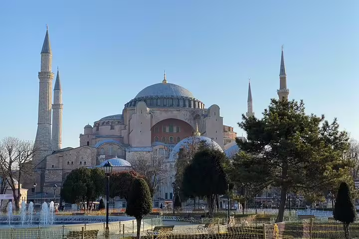 Hagia Sophia in Istanbul on a 7-day guided Western Turkey mini group tour, iconic dome and minarets at sunrise