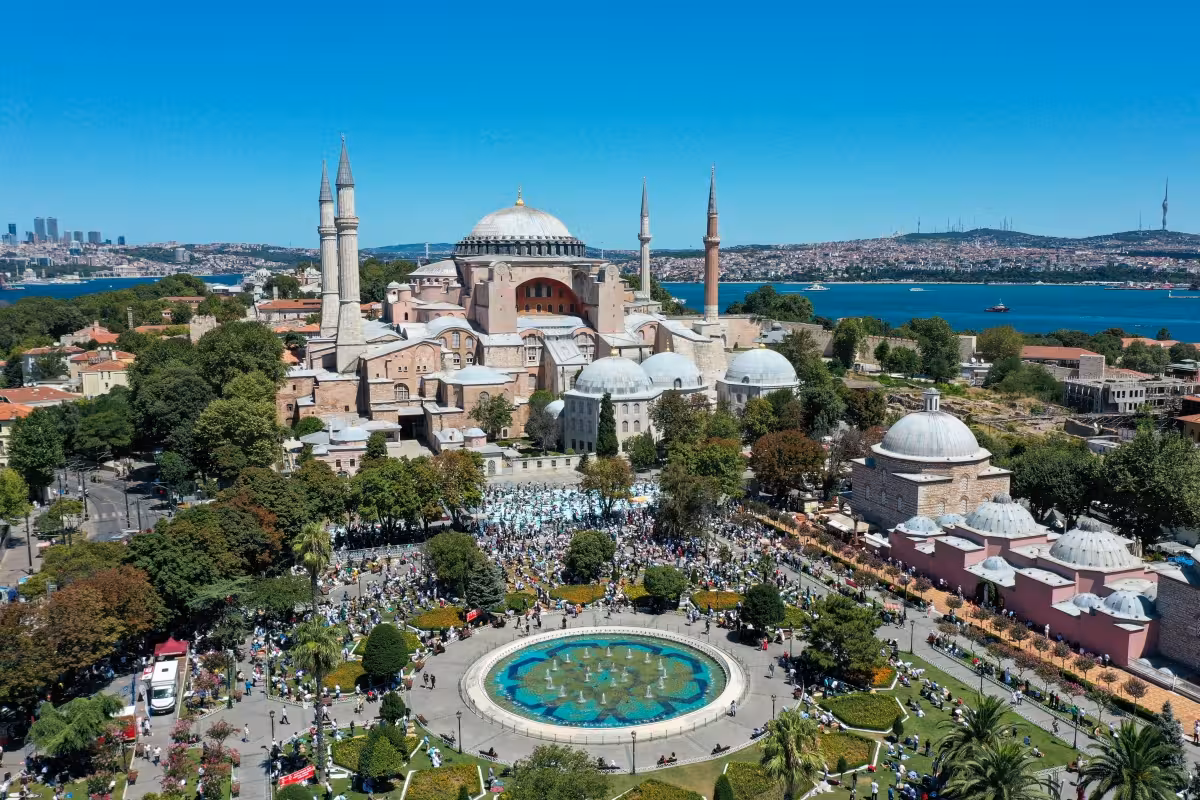 Aerial view of Hagia Sophia and Sultanahmet Square, Istanbul, on a 5-day Taste of Turkey tour