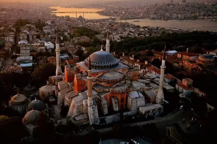 Aerial view of Hagia Sophia at sunset in Istanbul, a highlight of the skip-the-line private tour from Galata Port.