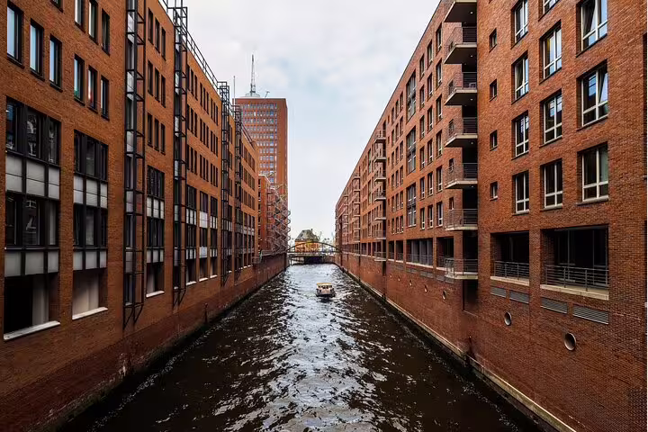 Brick warehouse canal in Hamburg HafenCity, urban highlight for a self-guided scavenger hunt walking tour