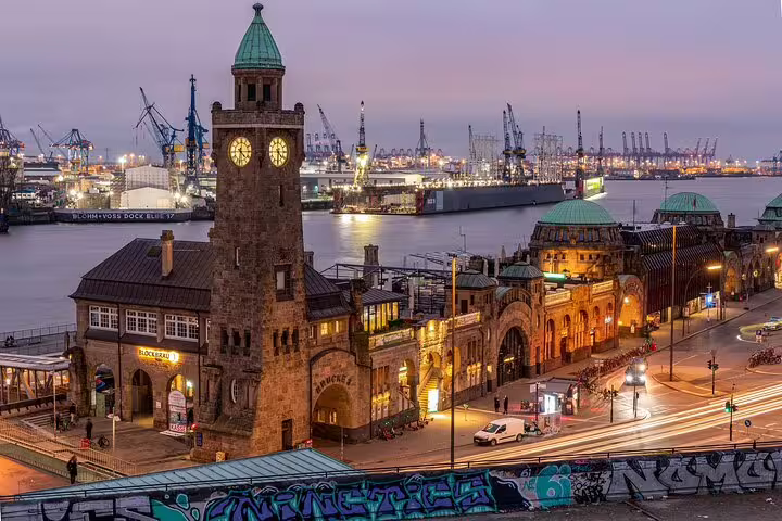 Landungsbrücken and St Pauli Piers at dusk, key stop on a Hamburg self-guided e-scavenger hunt tour