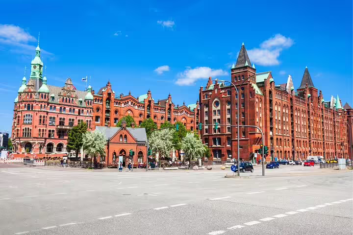 Hamburg Speicherstadt red-brick warehouses on a sunny day, key stop on a self-guided scavenger hunt tour