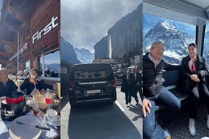 Tourists enjoying lunch, exploring Grindelwald, and traveling in comfort on a Harder Kulm day tour.