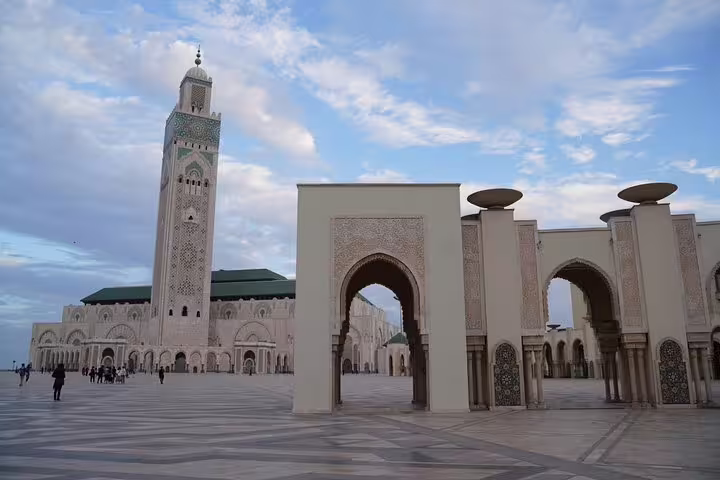 Hassan II Mosque courtyard and minaret in Casablanca, highlight on Morocco 12 days 11 night tour from Agadir