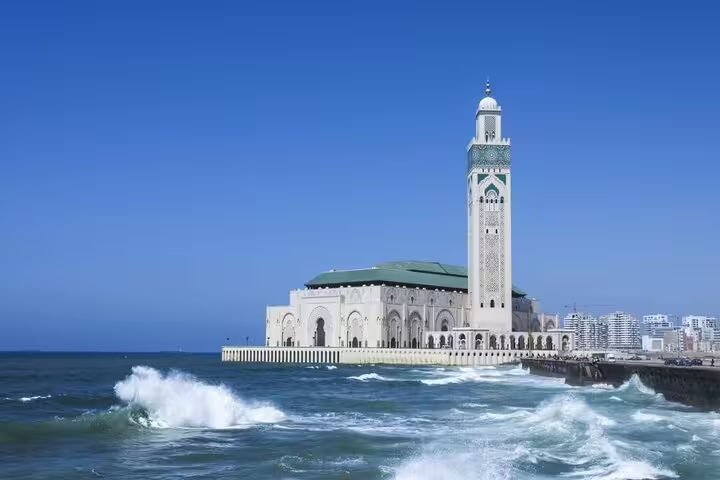 Hassan II Mosque Casablanca with Atlantic waves, iconic sight on Morocco Amazing 12 Days Tour from Tanger
