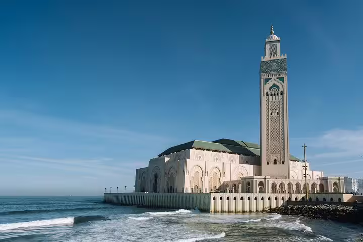 Hassan II Mosque on Casablanca waterfront, Atlantic views on Big Morocco Tour 15 days from Casablanca
