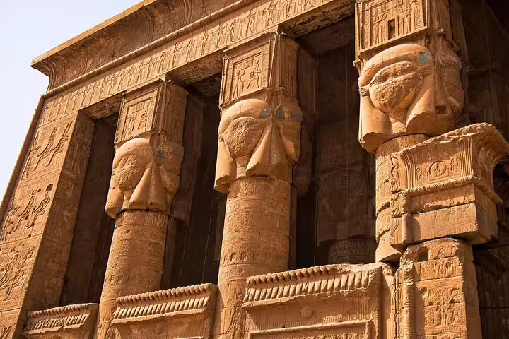 Hathor-headed columns at Dendera Temple complex on Dendera and Abydos private tour from Hurghada, Egypt