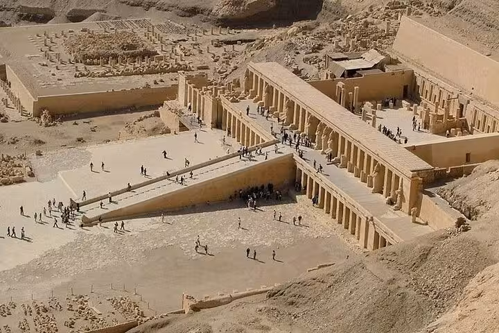 Aerial view of Hatshepsut Temple at Deir el-Bahari on a private Luxor day trip from Hurghada