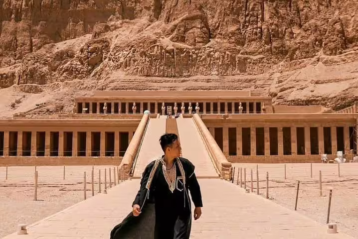 Traveler at Queen Hatshepsut Temple, Luxor on 12 day Egypt tour with pyramids, Aswan and Hurghada