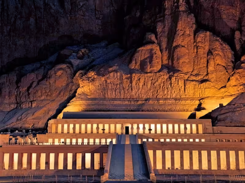 Illuminated Temple of Hatshepsut at Deir el-Bahari, Luxor night view on Best Of Egypt 5-star Nile cruise