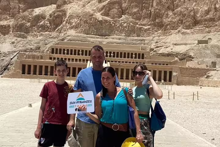 Tour group photo at Hatshepsut Temple, Luxor West Bank, part of Valley of the Kings guided tour