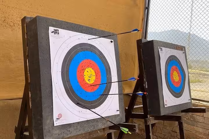 Archery targets at Hatta adventure camp, activity add-on during private full-day Hatta Dam tour from Dubai