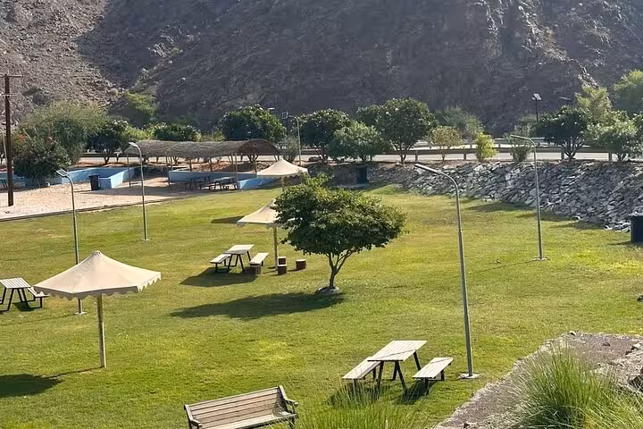 Green picnic park in Hatta Dam area with benches and shade tents, ideal break on private full-day Hatta tour