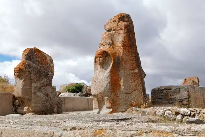 Stone sphinx statues at Hattusa archaeological site, scenic stop on a private guided tour from Cappadocia