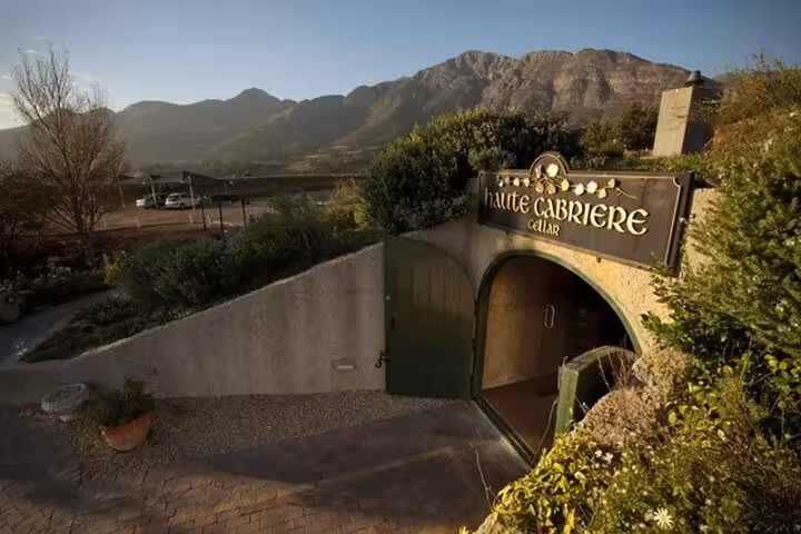 Entrance to Haute Cabrière wine cellar with scenic mountain views, offering a unique wine tasting experience near Cape Town.